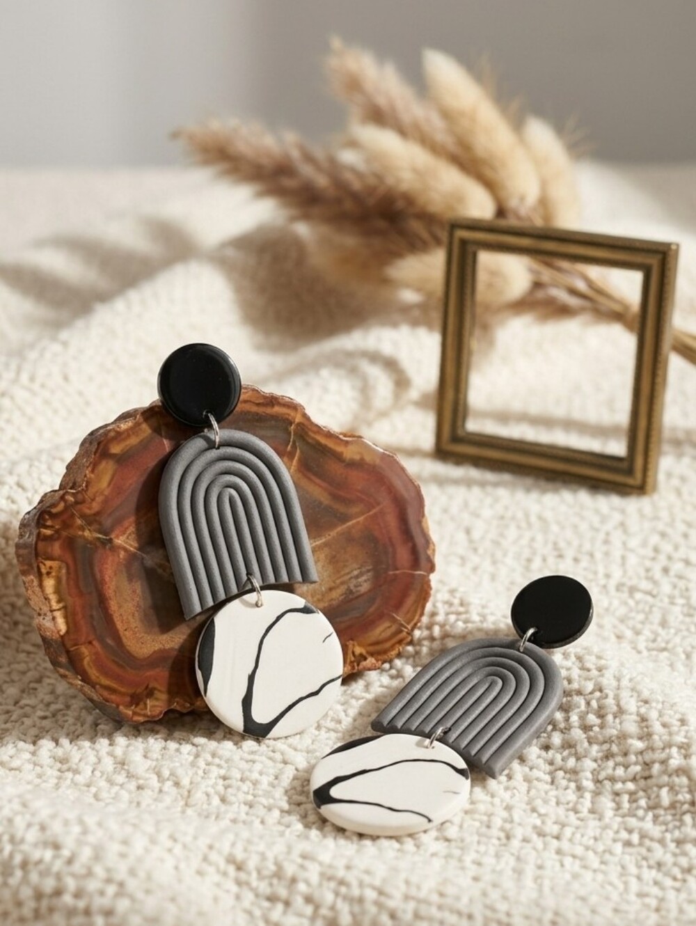 Polymer Clay Arch Statement Drop Earrings Modern Boho Black White Sterling Posts - Picture 5 of 17